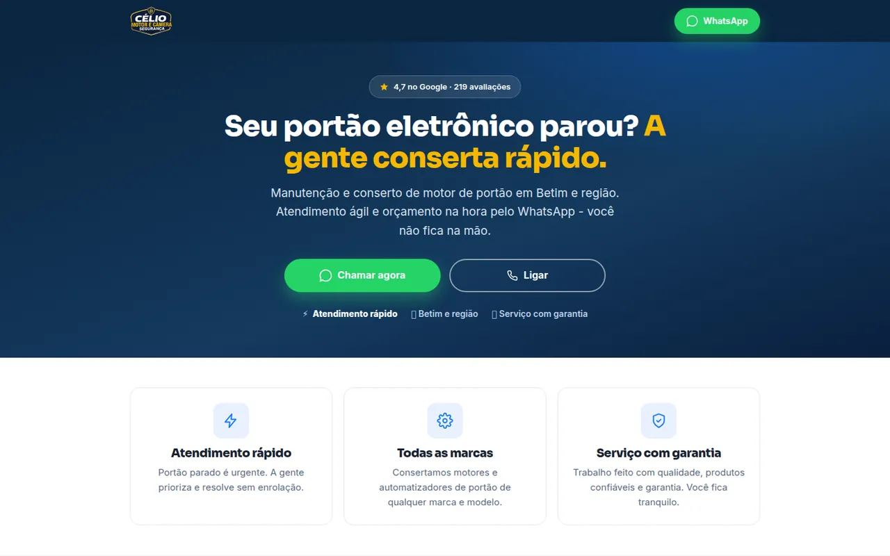 Página de conserto: uma pergunta, uma promessa, um botão.