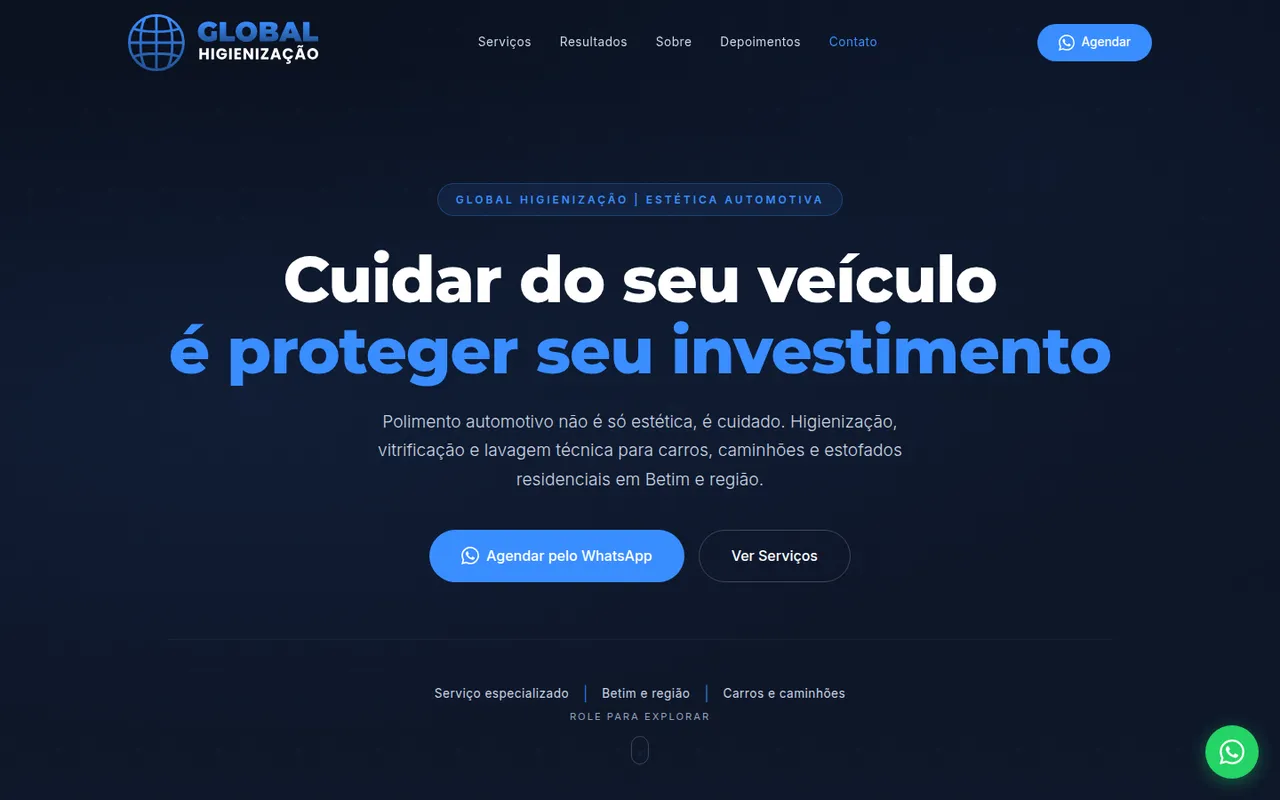 Página inicial do site Global Higienização