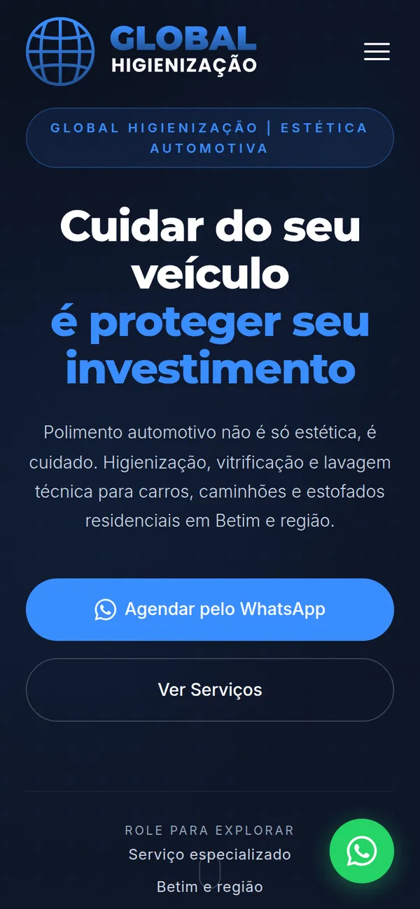 Versão para celular do site Global Higienização