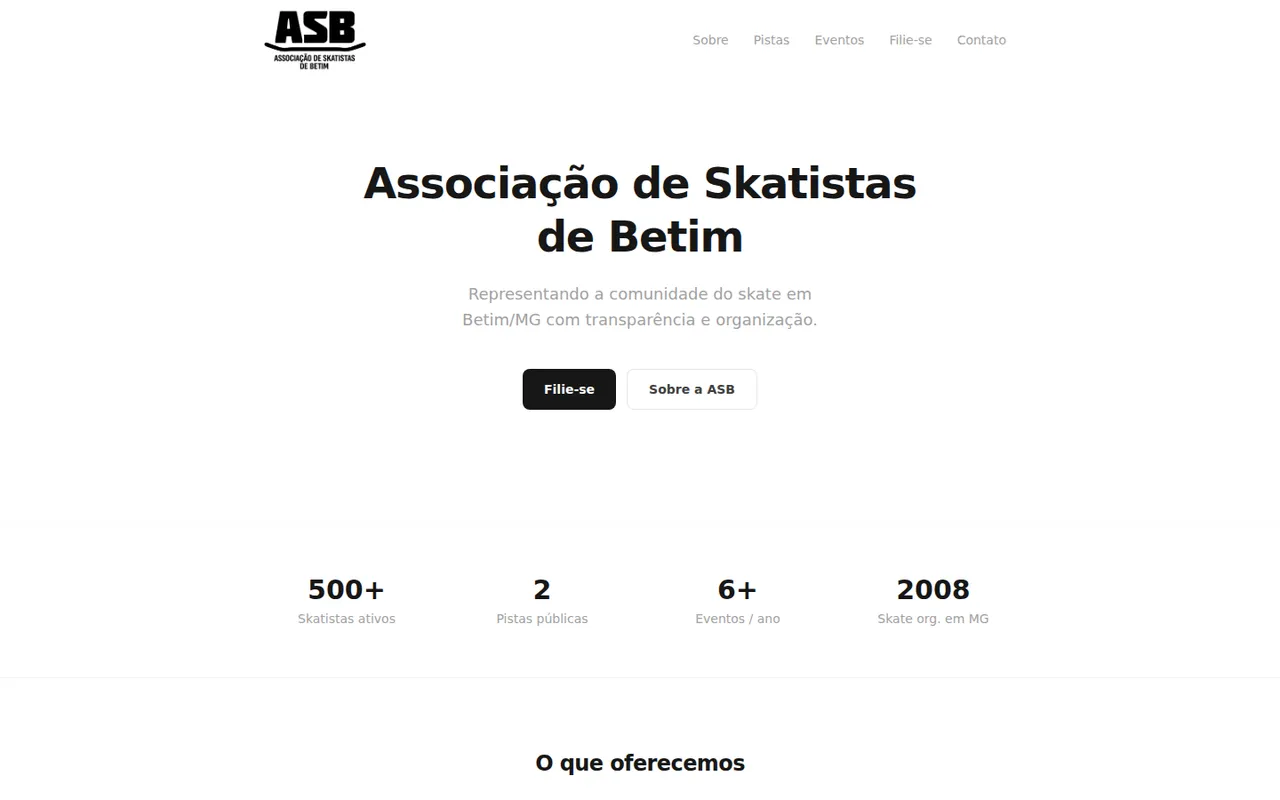 Página inicial do site ASB · Associação de Skatistas de Betim